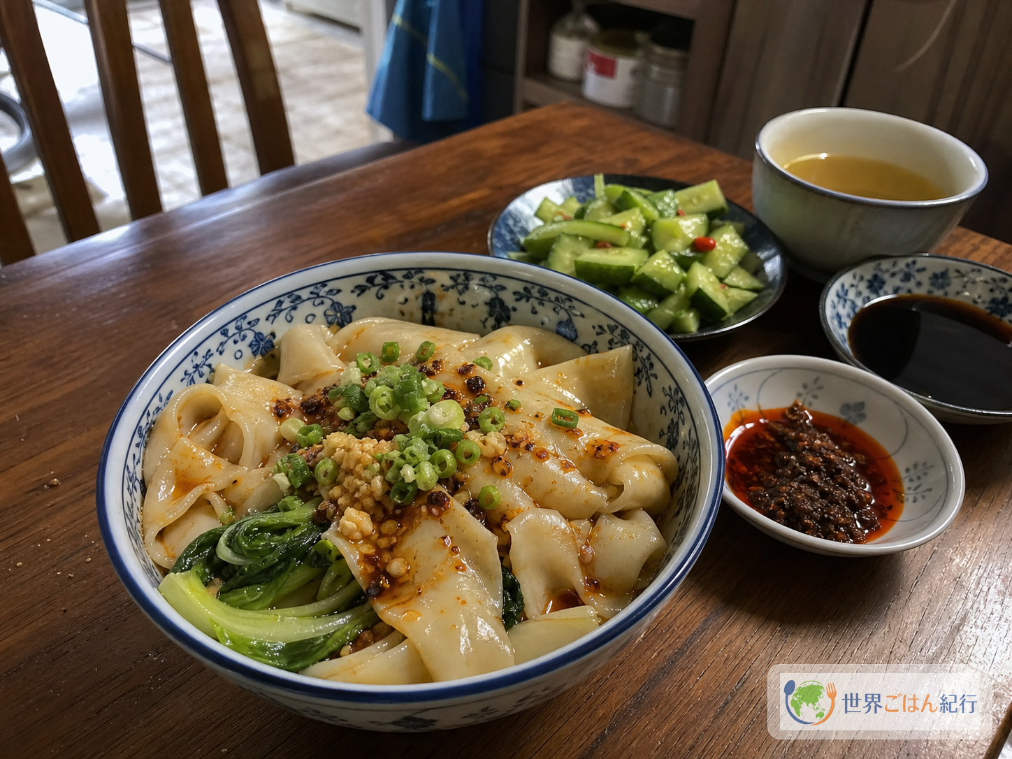 食卓に置いたビャンビャン麺と黒酢、きゅうりの小皿