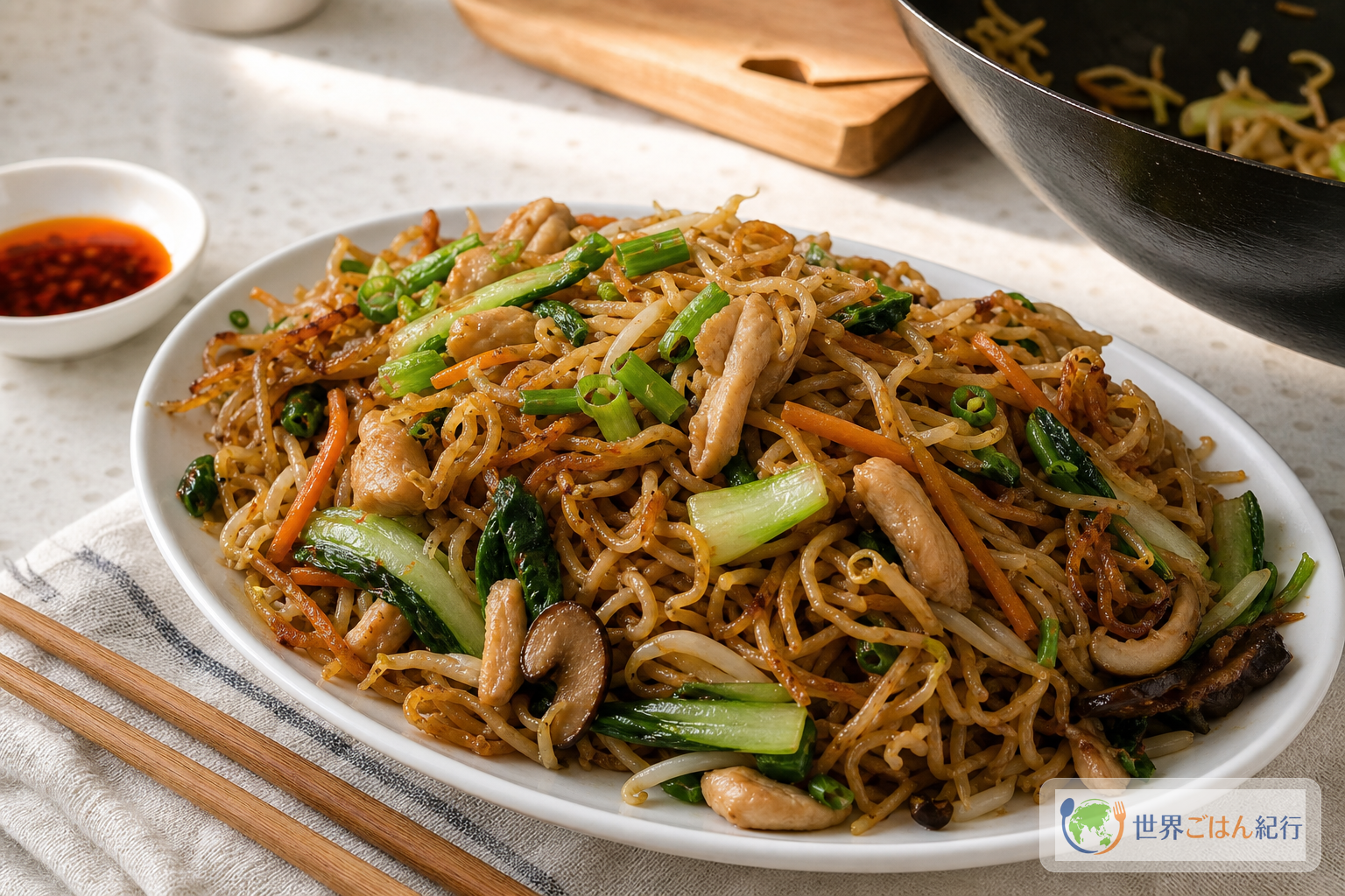細い中華麺を鶏肉、青梗菜、もやし、にんじん、椎茸と炒めた中国の炒麺