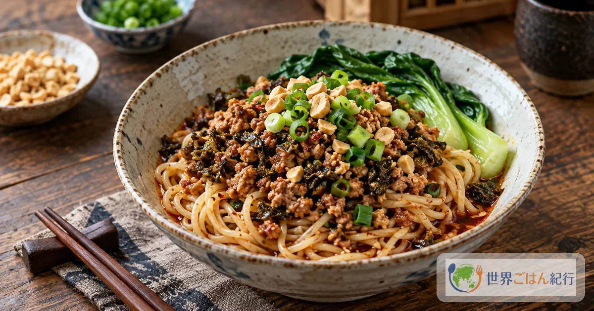 小さな碗の底の赤いラー油のたれの上に、ゆでた麺とカリッと炒めた豚肉みそ、青菜、刻みねぎ、砕いたピーナッツをのせた四川の汁なし担担麺