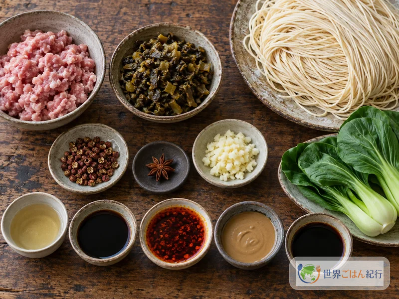 担担麺の材料の豚ひき肉、芽菜、花椒、八角、にんにく、紹興酒、しょうゆ、ラー油、練りごま、黒酢、中華麺、青菜