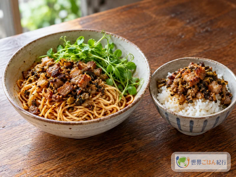 えんどうの若い芽をのせた担担麺と、豚肉みそをご飯にのせた一品