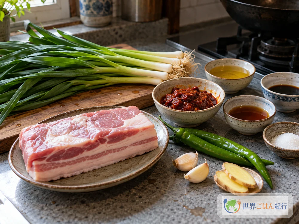 回鍋肉の材料の豚ばら肉のかたまり、葉にんにく、青唐辛子、豆板醤、にんにく、しょうが