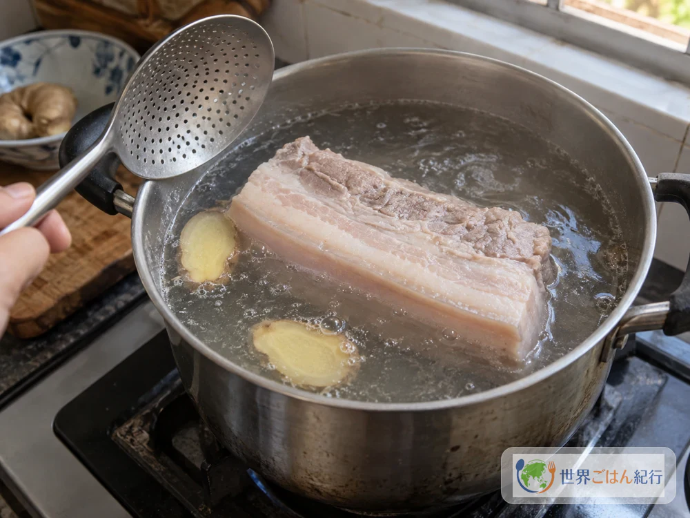 手順1: 豚ばら肉をかたまりのままゆでる