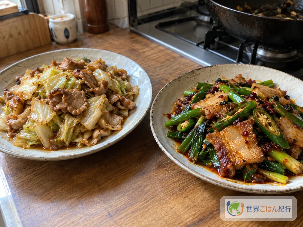 日本式のキャベツの回鍋肉と、葉にんにくを使った四川の回鍋肉を並べた様子