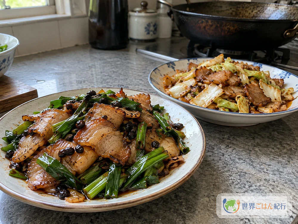 甜麺醤と豆豉を加えた回鍋肉と、キャベツの回鍋肉を並べた様子
