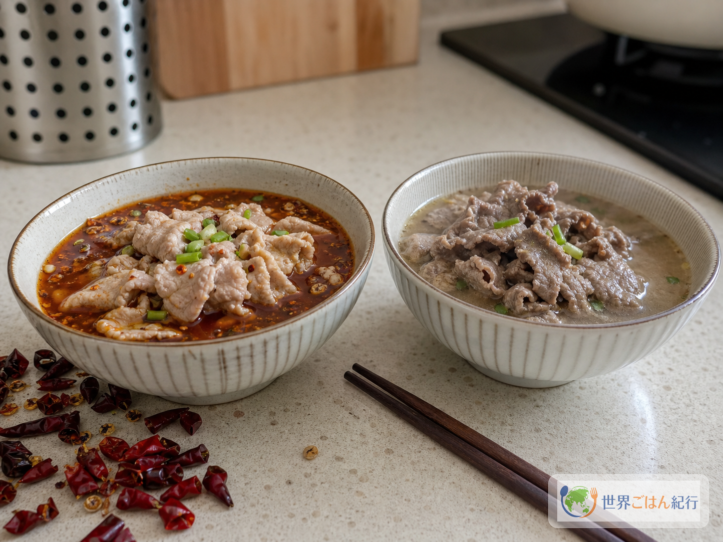 赤い油で仕上げた水煮牛肉と、色が薄く肉が硬く見える水煮牛肉を並べた失敗比較