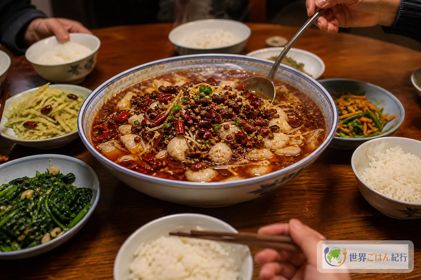 四川の食卓をイメージし、赤い水煮魚の大皿と白いごはん、野菜の小皿を並べた場面