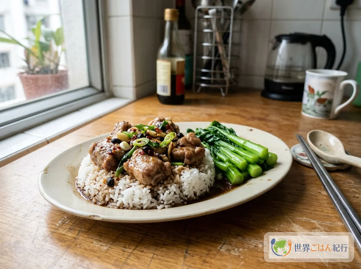 豉汁蒸排骨を白いご飯にのせ、皿の汁をかけた一皿