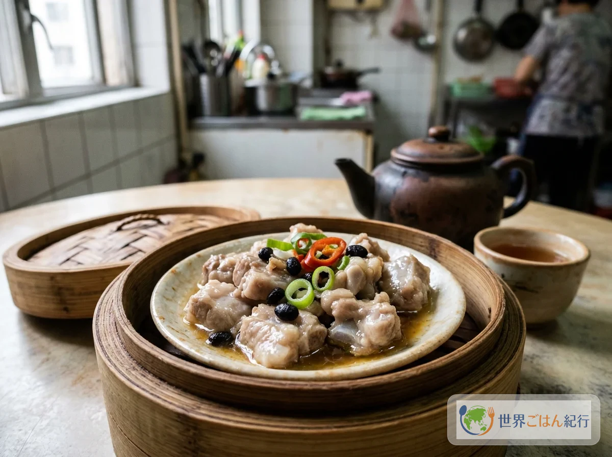 竹のせいろの中の小皿に盛った、豆豉と赤唐辛子をのせて蒸した一口大のスペアリブ
