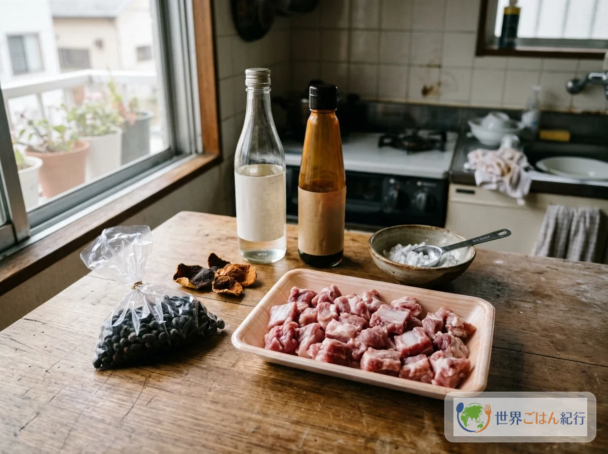 日本で手に入る豚なんこつ、スペアリブ、豆豉、陳皮、紹興酒、オイスターソース、片栗粉