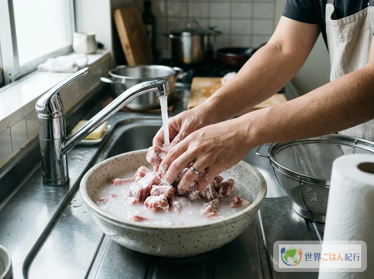 手順2: 肉を片栗粉でもみ洗いする