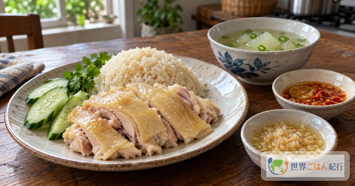 Plato de arroz con pollo de la isla de Hainan: pollo hervido blanco troceado con arroz con grasa de pollo, salsa caliente de jengibre y ajo, salsa de cítricos y un caldo claro
