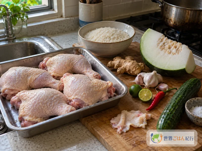 Muslos de pollo con hueso, arroz jazmín, jengibre, ajo, cítricos, chile rojo y calabaza de cera dispuestos en una cocina