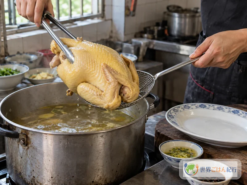 Escena en un comedor al estilo de Wenchang: se saca de la olla un pollo entero hervido