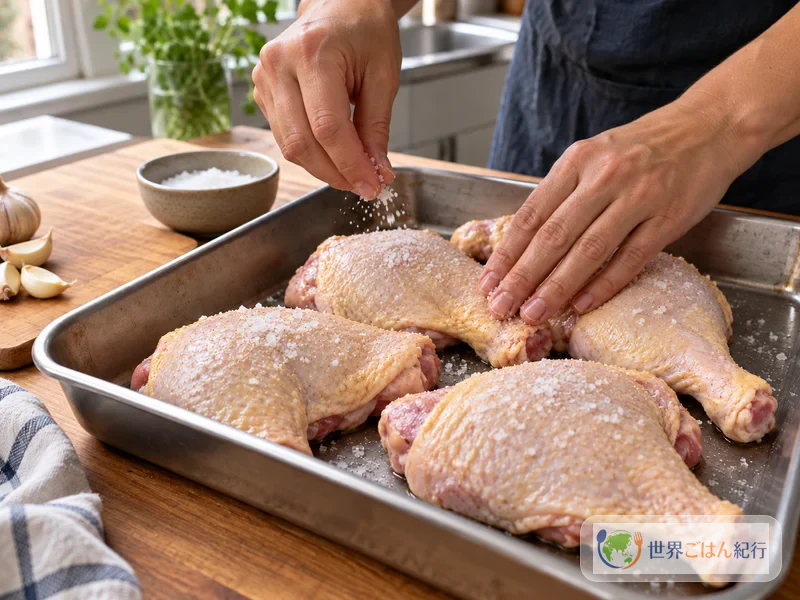Frotar sal en los muslos de pollo con hueso