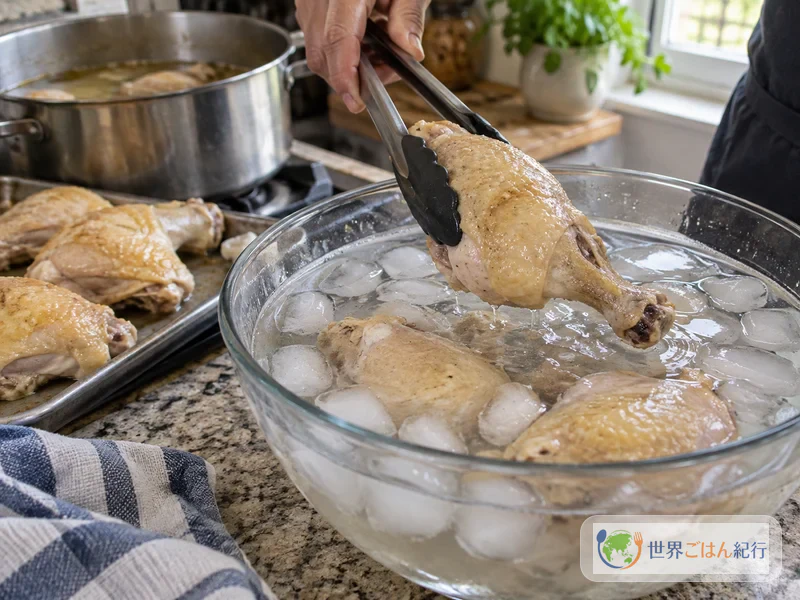 Sumergir el pollo hervido en agua con hielo para tensar la piel