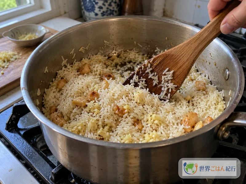 Sofreír el arroz jazmín con grasa de pollo