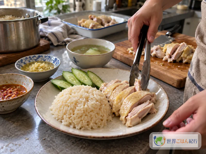 Emplatar el pollo hervido blanco troceado con el arroz con grasa de pollo