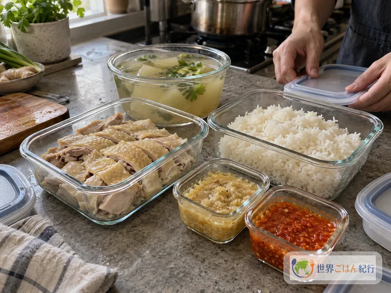 Recipientes con pollo, arroz con grasa de pollo, salsas y caldo guardados por separado