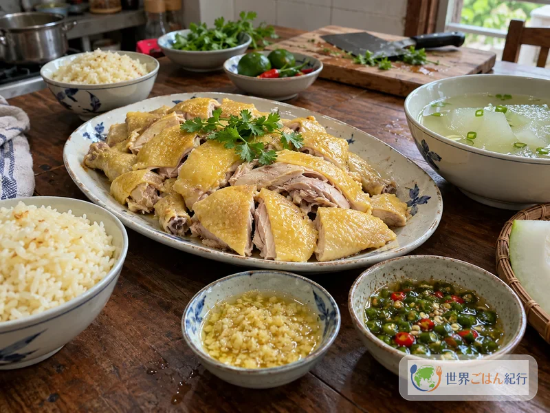 Mesa al estilo de un comedor de Wenchang con pollo hervido troceado y arroz con grasa de pollo
