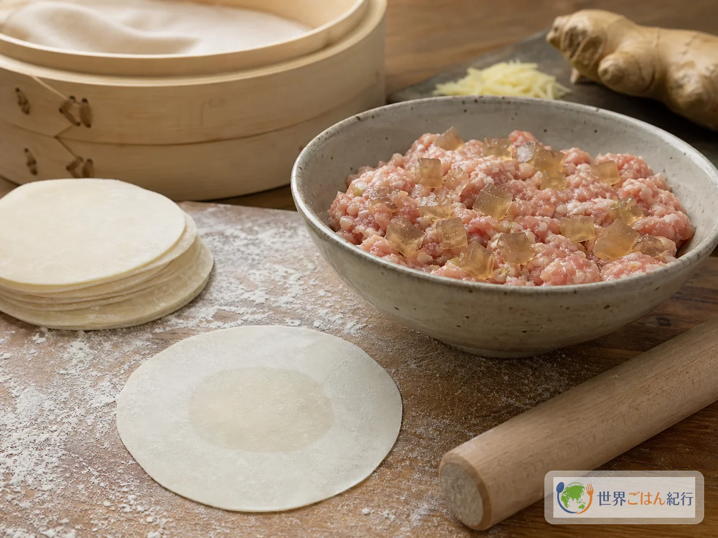 Pâte étalée finement, farce et gelée posées au centre : vue d’ensemble du pliage des xiaolongbao