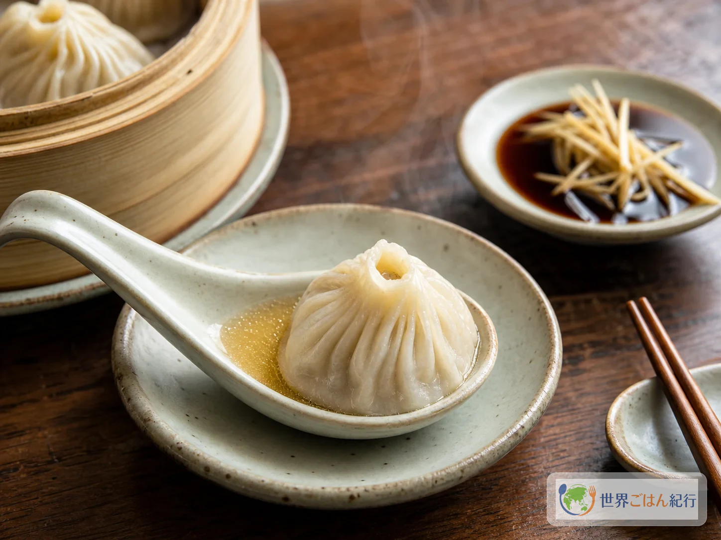 小籠包をれんげ、黒酢、針しょうがと一緒に並べた食べ方の案内写真