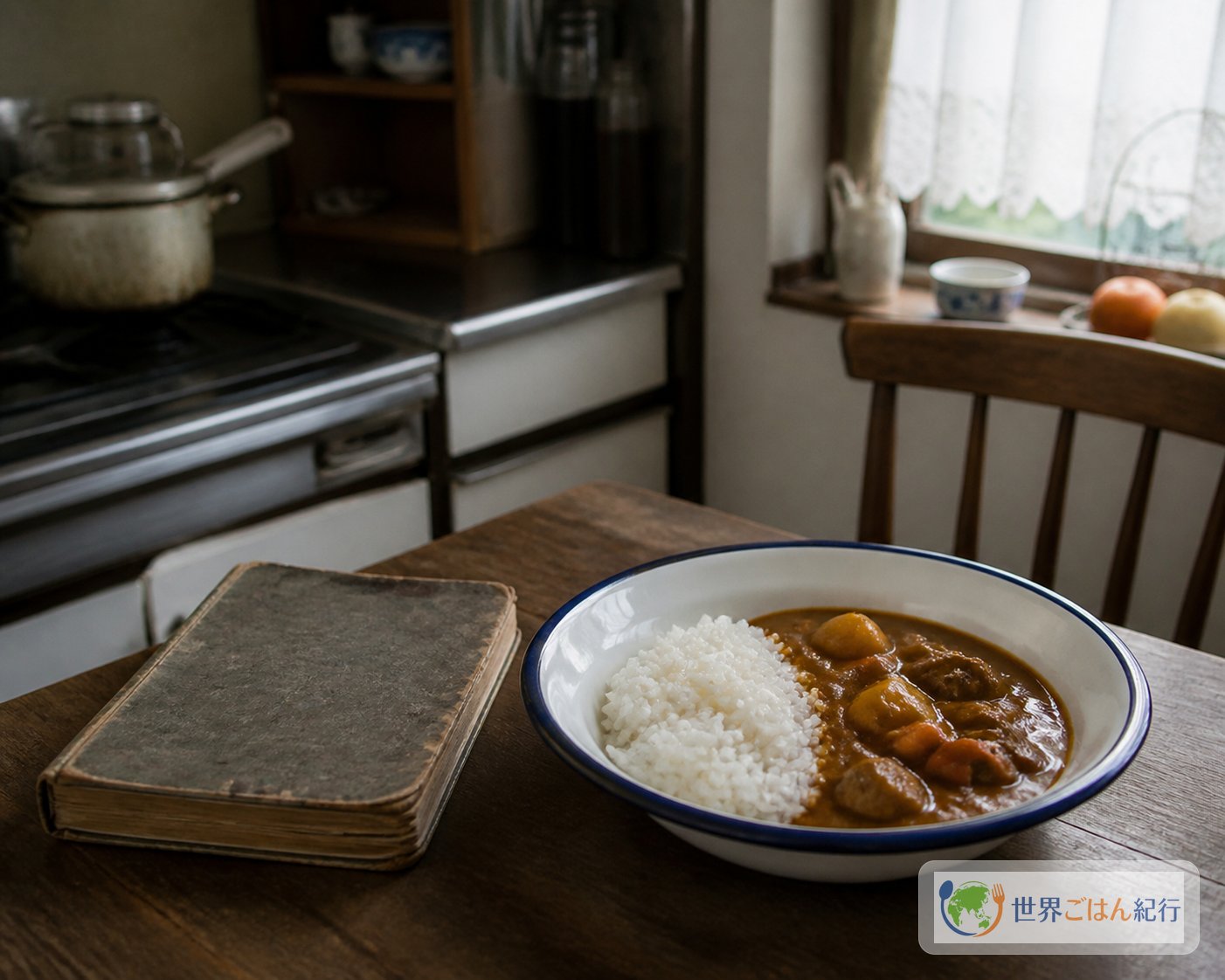 古い料理資料を思わせる冊子と、白いご飯に添えたカレーの食卓