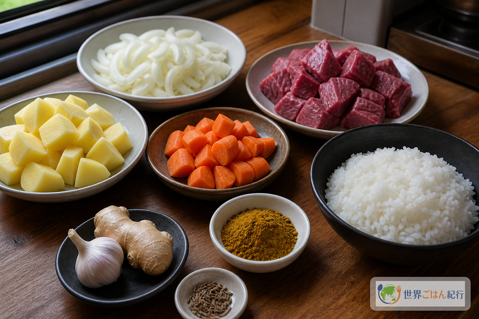玉ねぎ、じゃがいも、にんじん、牛肉、米、カレー粉を並べたカレーの材料