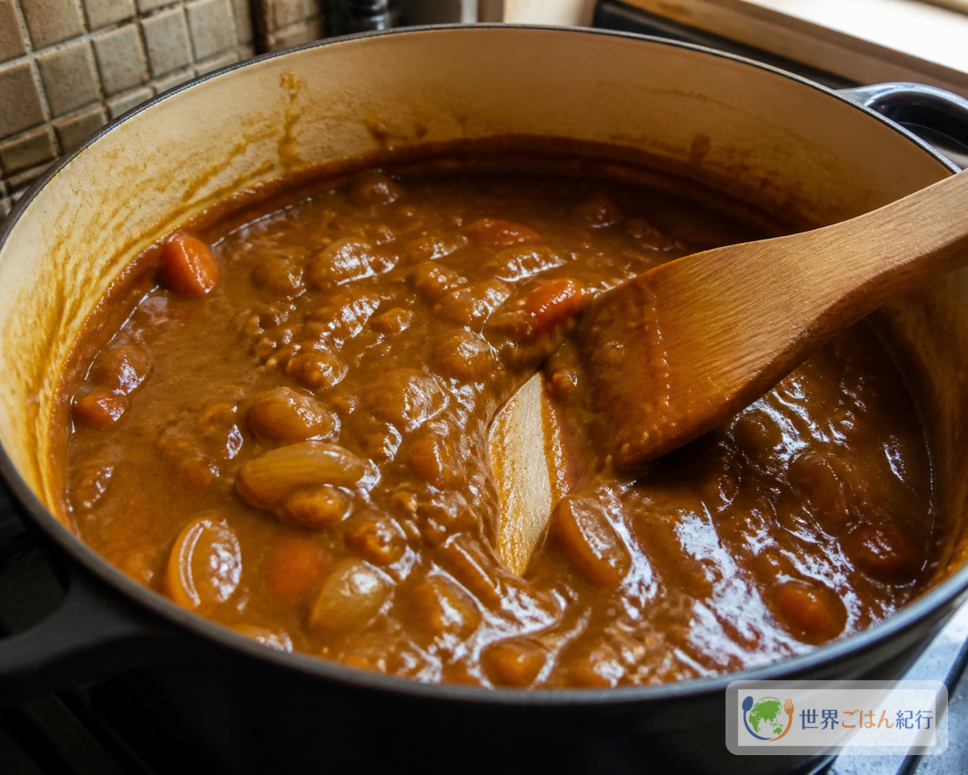 鍋の中で玉ねぎとカレーのルーを木べらで混ぜる様子