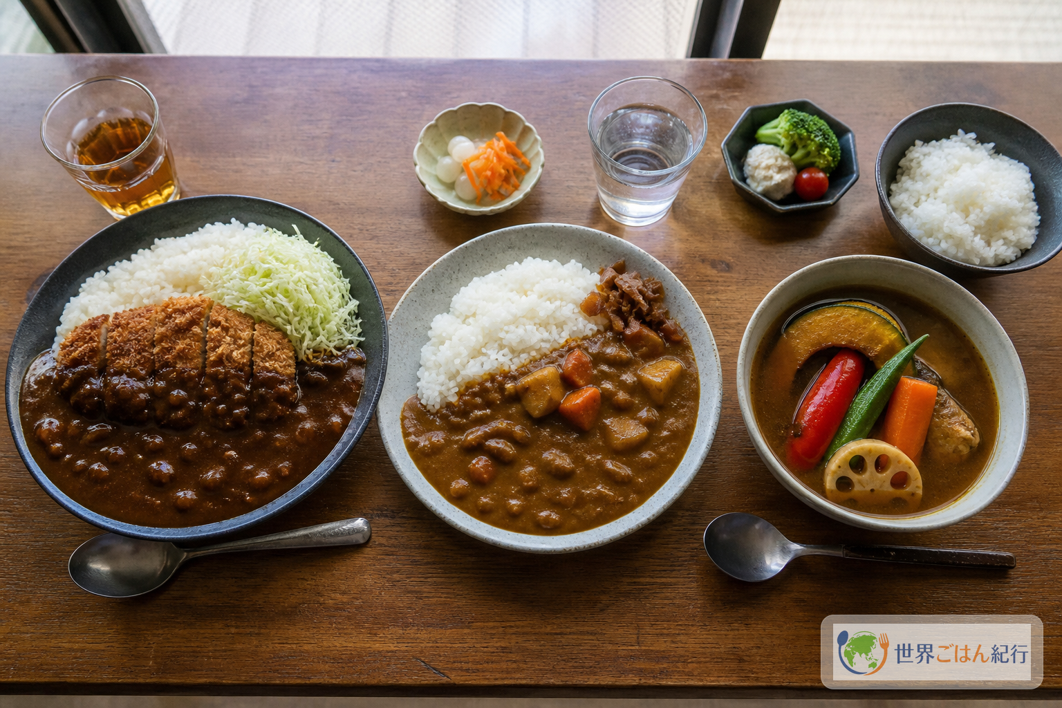 濃いルーのカレー、キャベツとカツを添えたカレー、野菜の大きなスープカレーを並べた食卓