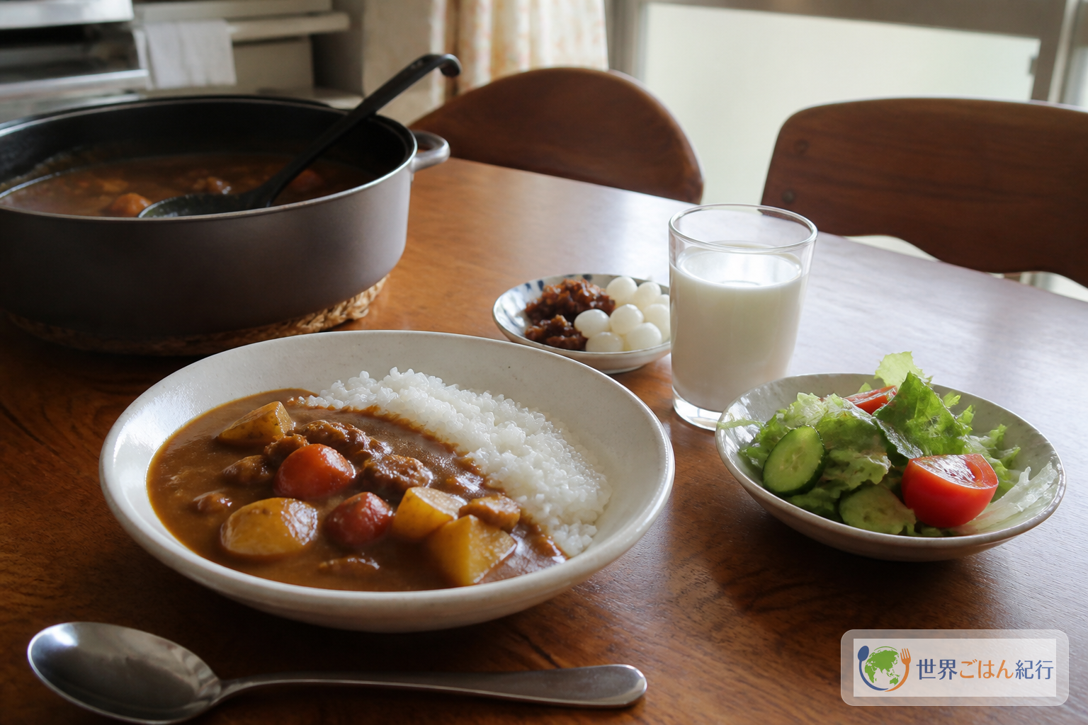 カレー、白いご飯、サラダ、牛乳、漬物を並べた日本の食卓