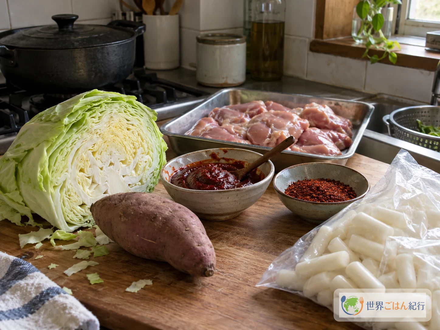日本のスーパーで買える鶏もも肉、キャベツ、さつまいもと韓国の調味料