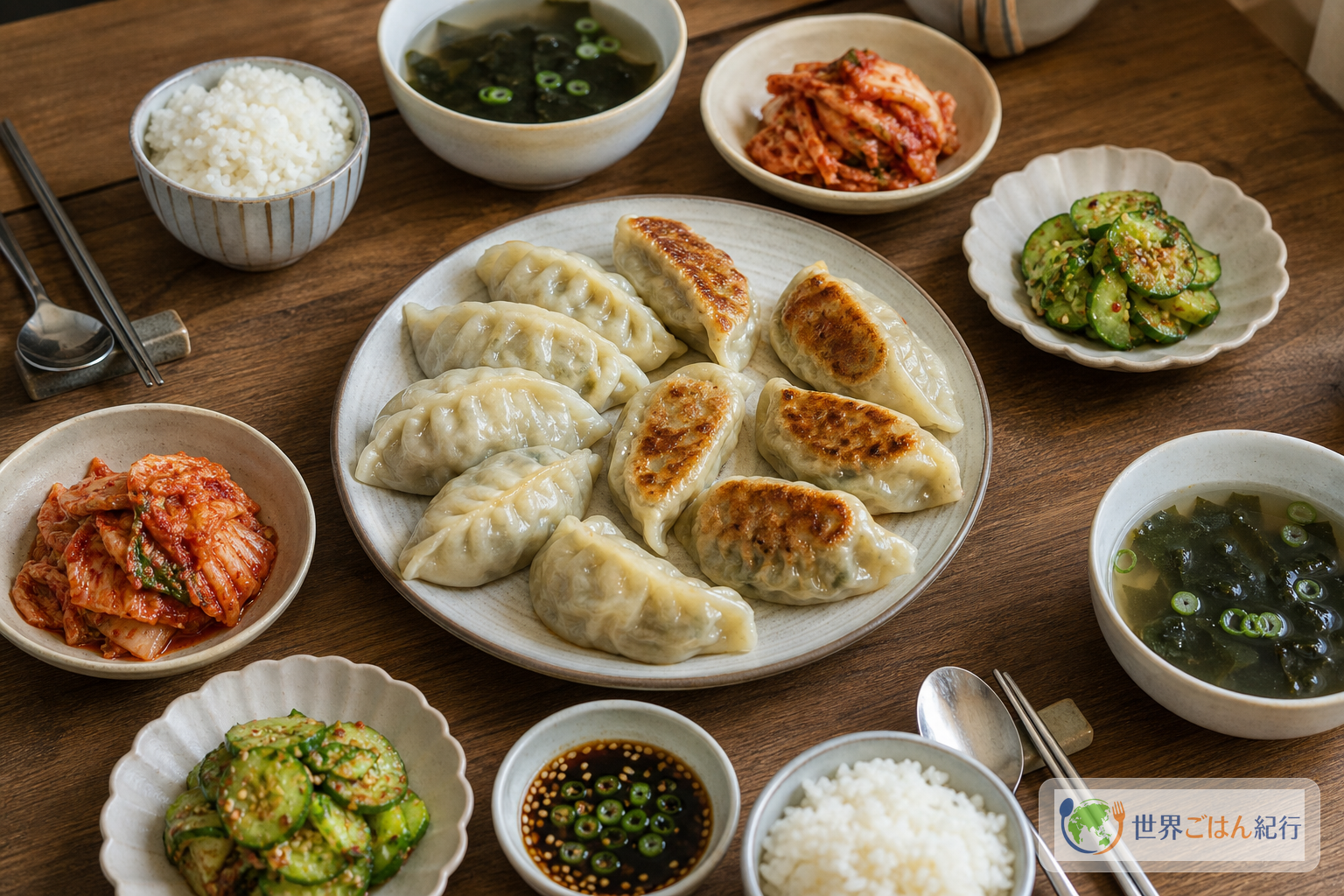 マンドゥ、ご飯、キムチ、きゅうりの和え物、わかめスープを並べた韓国の家庭食卓