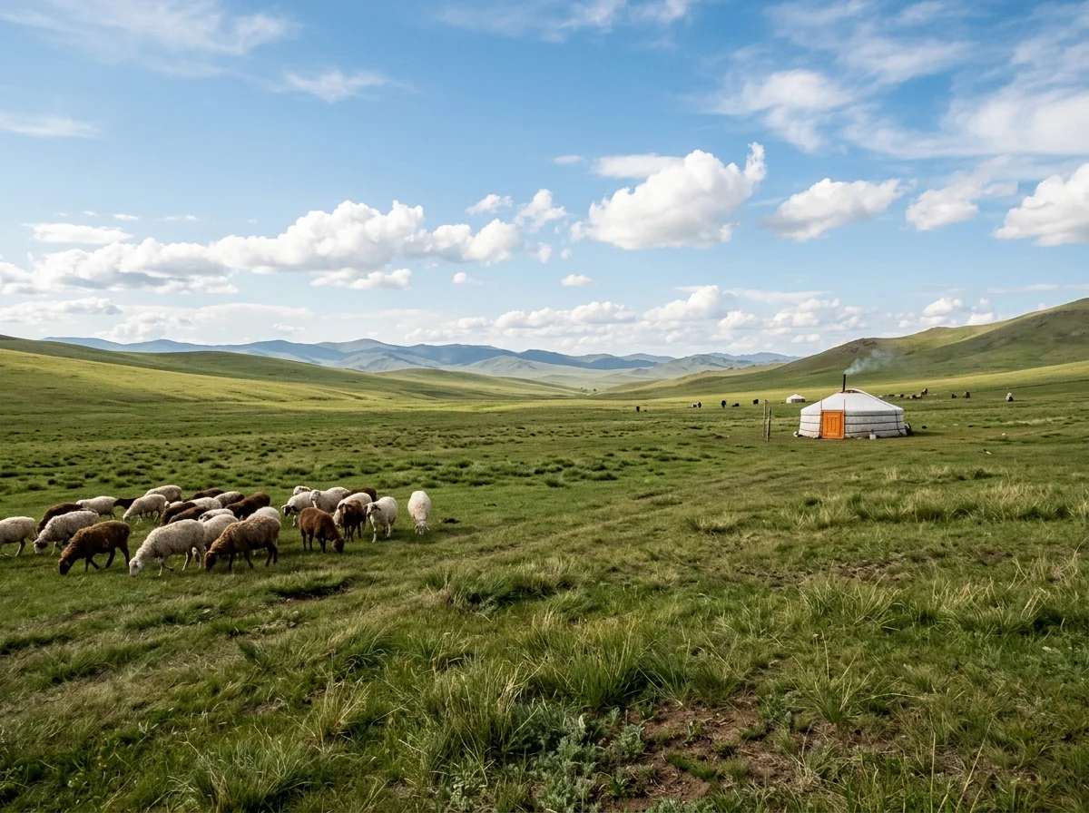 モンゴルの草原とゲル。遊牧民の生活風景
