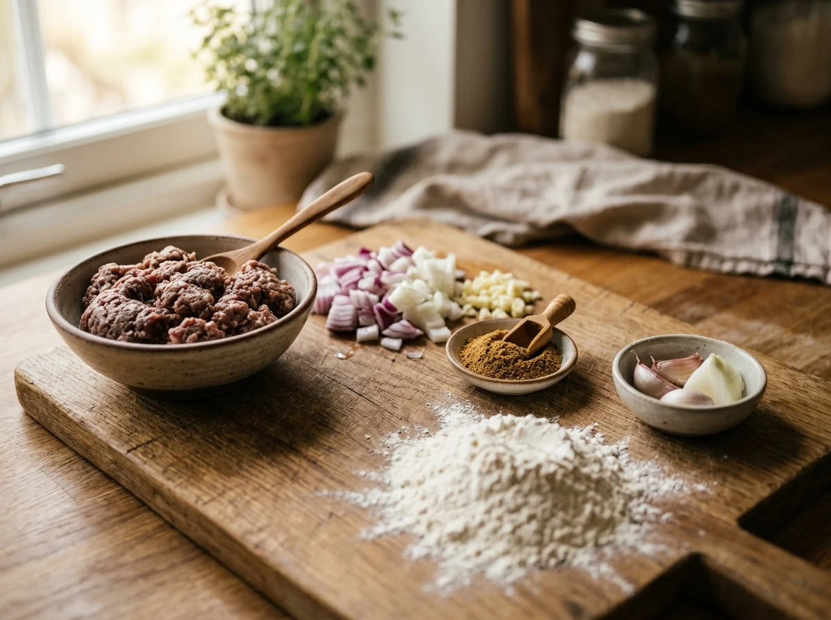 ボーズの材料。羊肉ミンチ、玉ねぎ、薄力粉、クミンなどが並ぶ