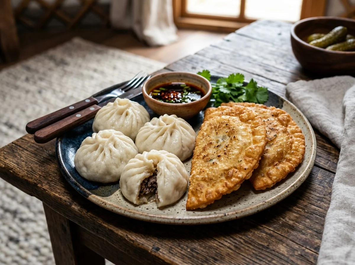 ボーズとホーショール。蒸しボーズと揚げホーショールが一緒に盛られた皿