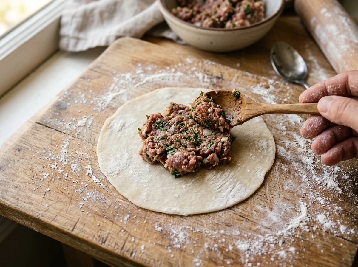 手順3: 皮の中央に餡を大さじ1ほど載せる