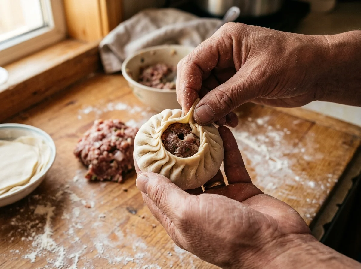 手順4: 皮の縁をつまみ上げ、ひだを寄せながら包む。上部に小さな穴を残す