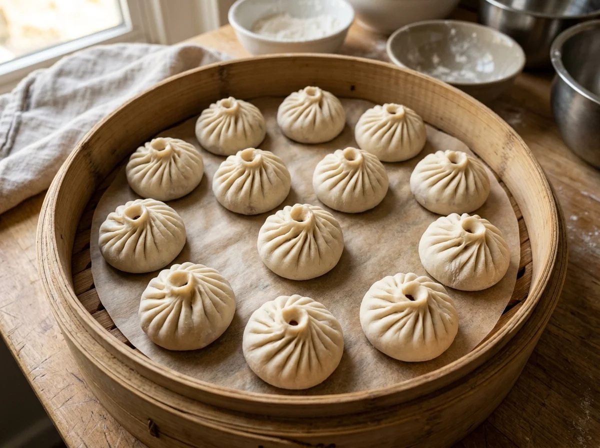 手順5: 蒸し器にクッキングシートを敷き、ボーズを並べる。間隔を2cm以上空ける