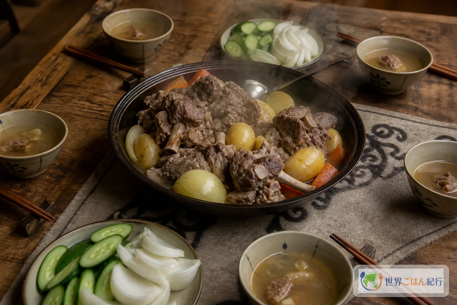 木のテーブルにホルホグの深皿と小さな鍋汁の器を置き、羊肉を取り分ける食卓