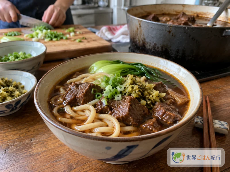 チンゲン菜と青ねぎ、高菜漬けを添えた紅焼牛肉麺の完成した一杯