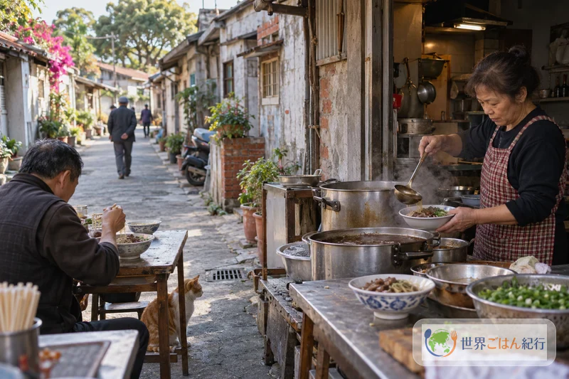 高雄の古い眷村の路地にある小さな牛肉麺の店先