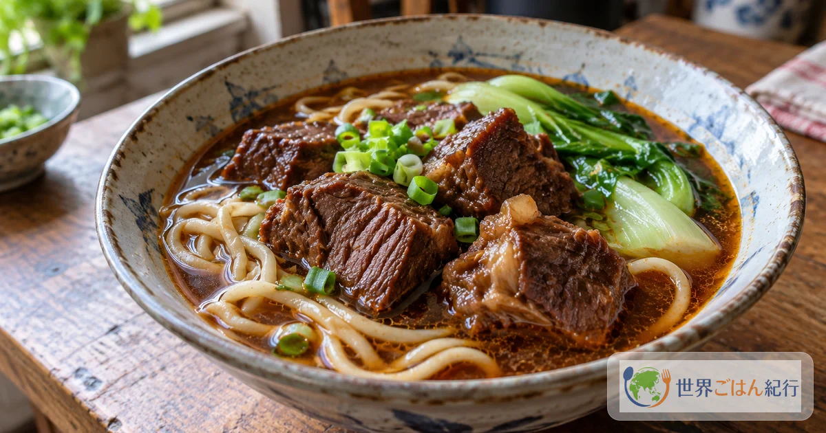 濃い赤褐色のスープに太めの麺、角切りの牛すね肉、チンゲン菜と青ねぎをのせた台湾の紅焼牛肉麺