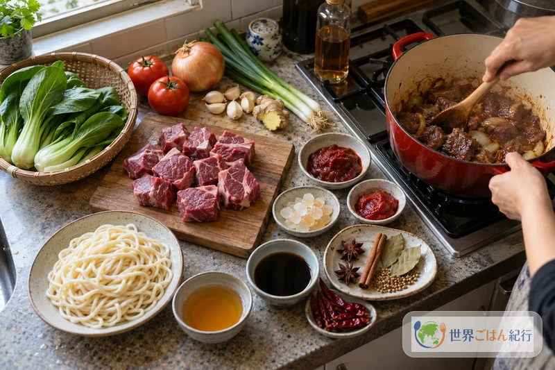 牛すね肉、豆板醤、八角、シナモン、トマト、ねぎ、しょうゆと中華麺