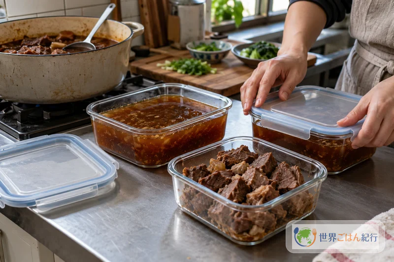 牛肉麺のスープを保存容器に分け、牛肉と別々に保存する様子