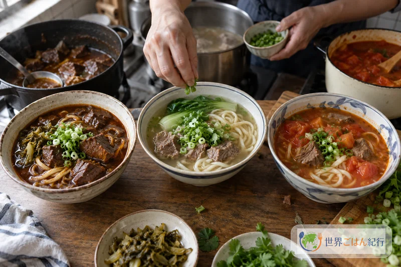 しょうゆ色の紅焼、澄んだ清燉、赤いトマトの3種類の牛肉麺を並べた様子