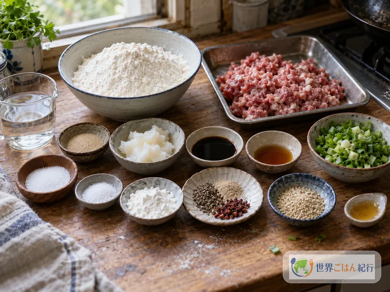 胡椒餅の材料の強力粉、ドライイースト、ラード、豚ひき肉、こしょう、花椒、しょうゆ、青ねぎ、白ごま、はちみつ