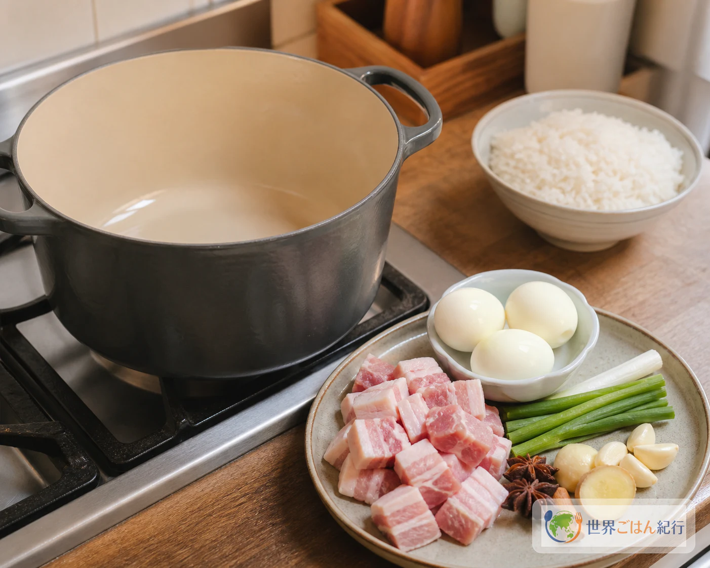 Kochszene, in der Schweinefleisch und Aromaten im Topf schmoren und Eier und weißer Reis separat vorbereitet sind