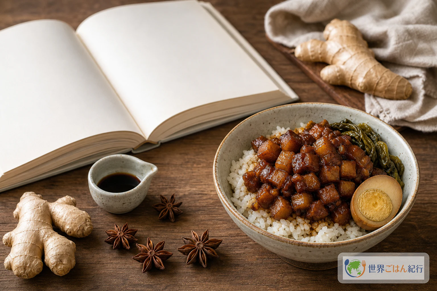 Libro de recetas taiwanesas y mesa tranquila de consulta con anís estrellado y salsa de soja