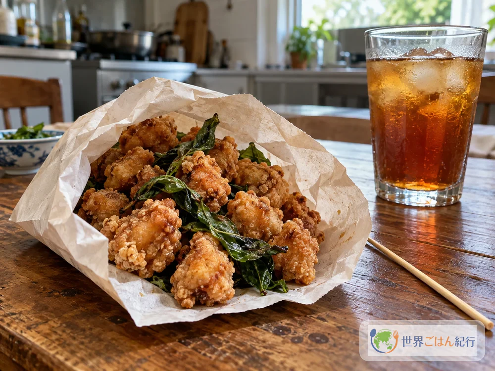 紙袋に入れた鹹酥雞と竹串、揚げたバジル